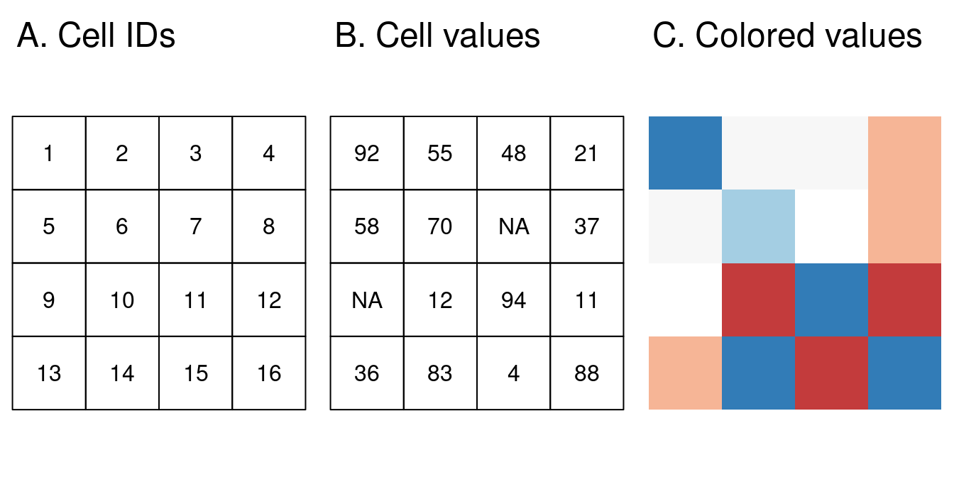Tipos de datos ráster: (A) IDs de celdas, (B) valores de celdas, (C) un mapa raster coloreado.