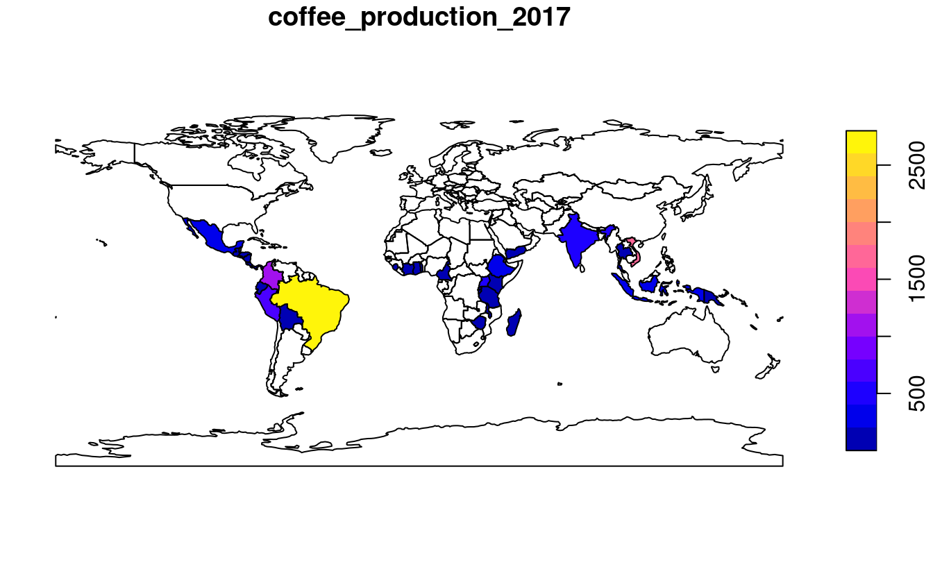 Producción mundial de café (en miles de sacos de 60 kg) por país, 2017. Fuente: Organización Internacional del Café.