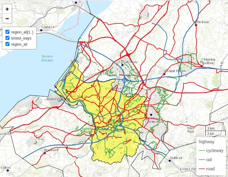 Bristol's transport network represented by colored lines for active (green), public (railways, blue) and private motor (red) modes of travel. Black border lines represent the inner city boundary (highlighted in yellow) and the larger Travel To Work Area (TTWA).