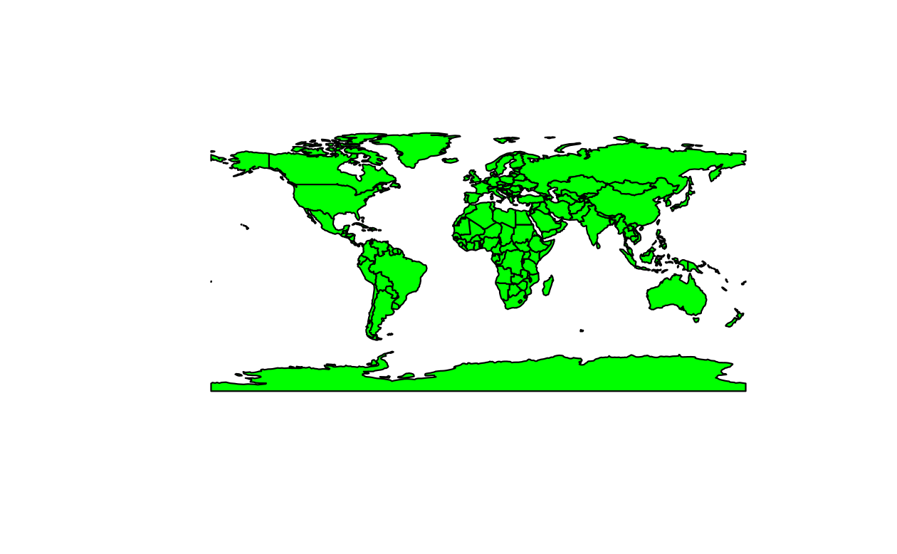 A map of the world with green land, illustrating a question with a reproducible example (left) and the solution (right).