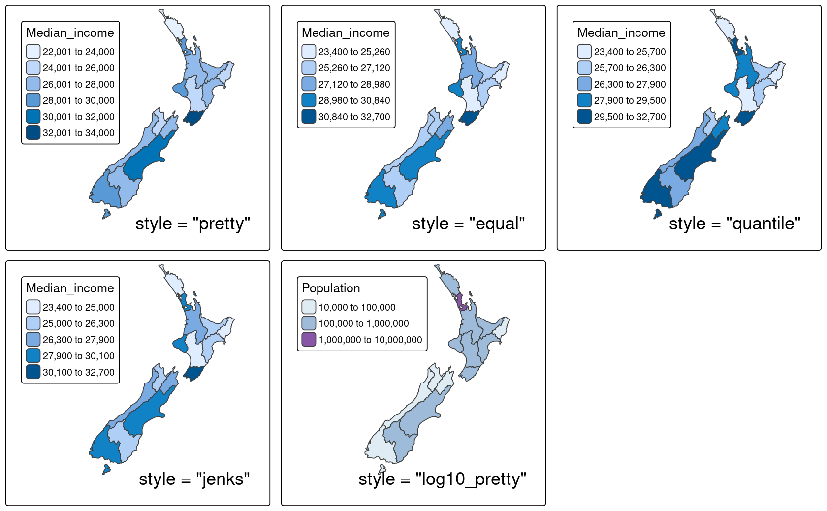 Illustration of different interval scales' methods set using the style argument in tmap.