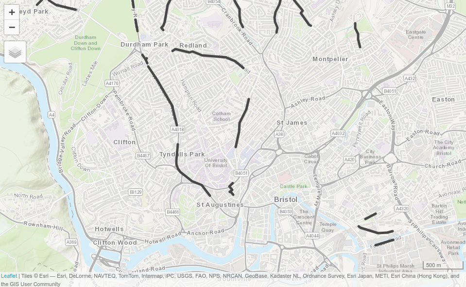 Potential routes along which to prioritise cycle infrastructure in Bristol to reduce car dependency. The static map provides an overview of the overlay between existing infrastructure and routes with high car-bike switching potential (left). The screenshot the interactive map generated from the `qtm()` function highlights Whiteladies Road as somewhere that would benefit from a new cycleway (right).