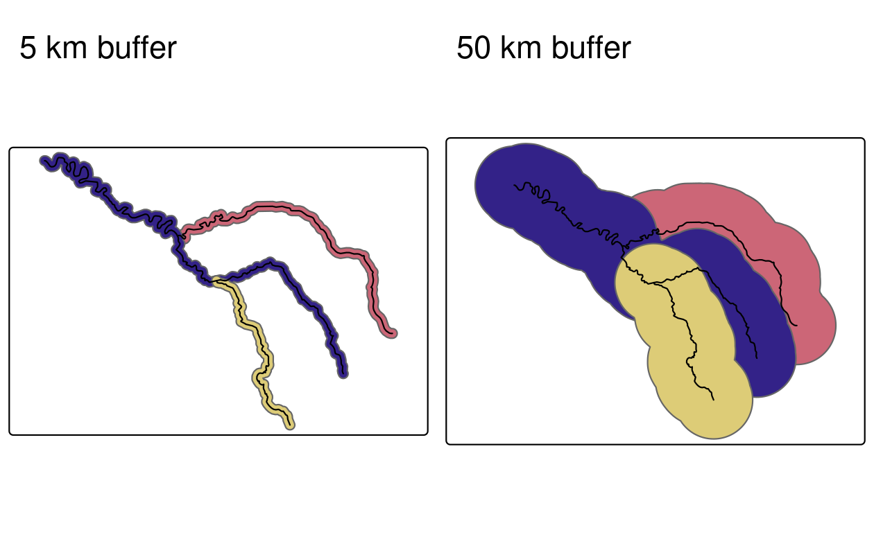 Buffers around the Seine dataset of 5 km (left) and 50 km (right). Note the colors, which reflect the fact that one buffer is created per geometry feature.