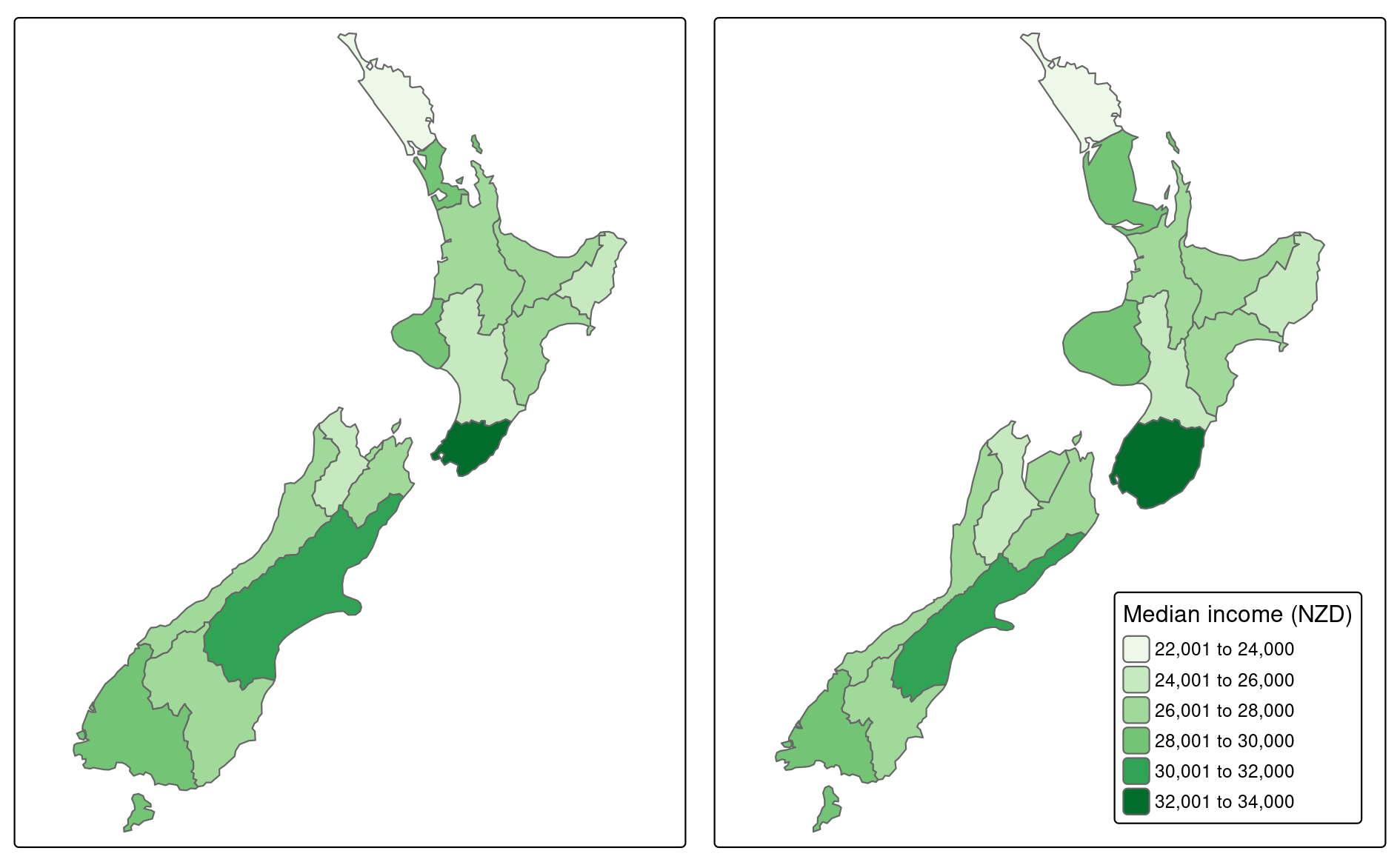 Comparison of standard map (left) and continuous area cartogram (right).
