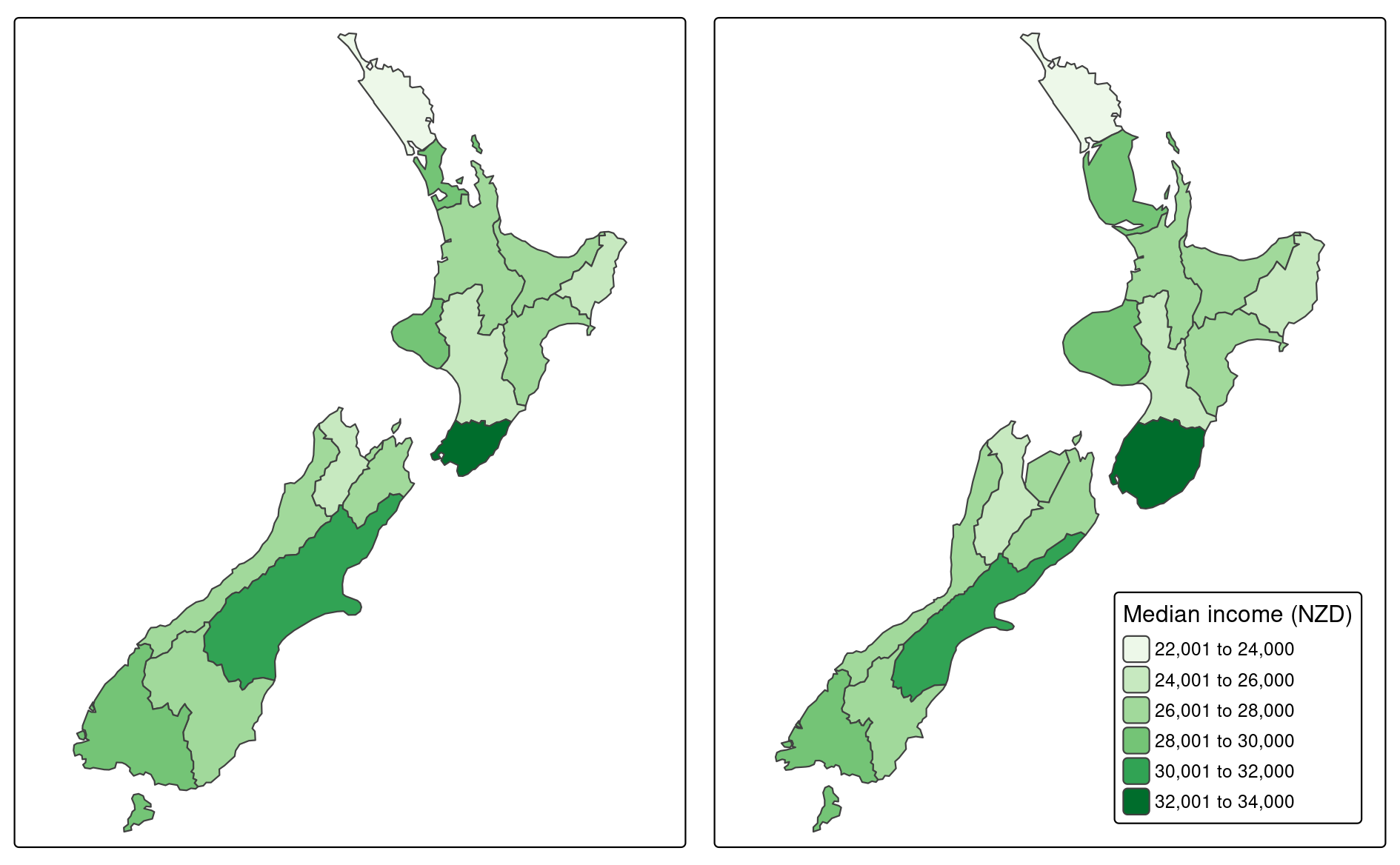 Comparison of standard map (left) and contiguous area cartogram (right).