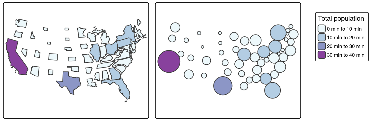 Comparison of non-continuous area cartogram (left) and Dorling cartogram (right).