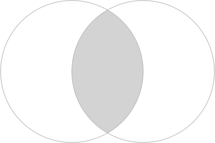Overlapping circles with a gray color indicating intersection between them.