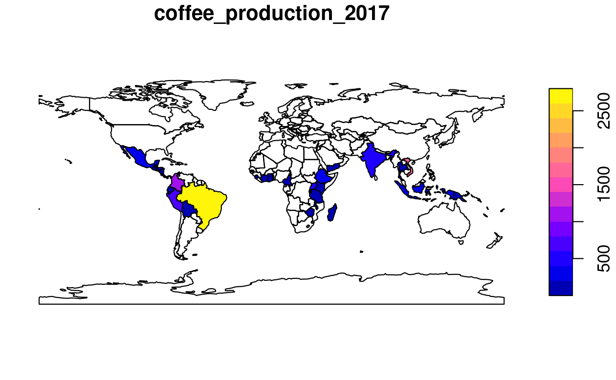 World coffee production (thousand 60-kg bags) by country, 2017. Source: International Coffee Organization.