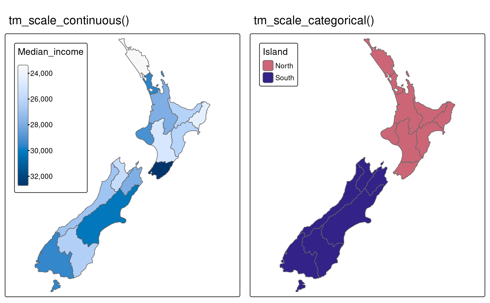 Illustration of continuous and categorical scales in tmap.