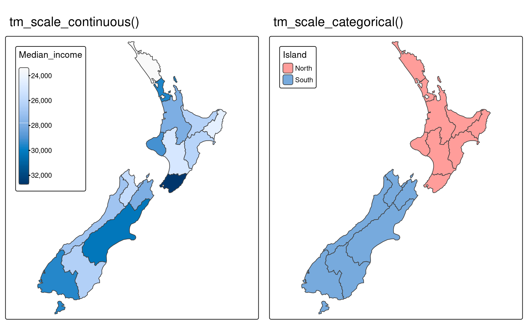 Illustration of continuous and categorical scales in tmap.