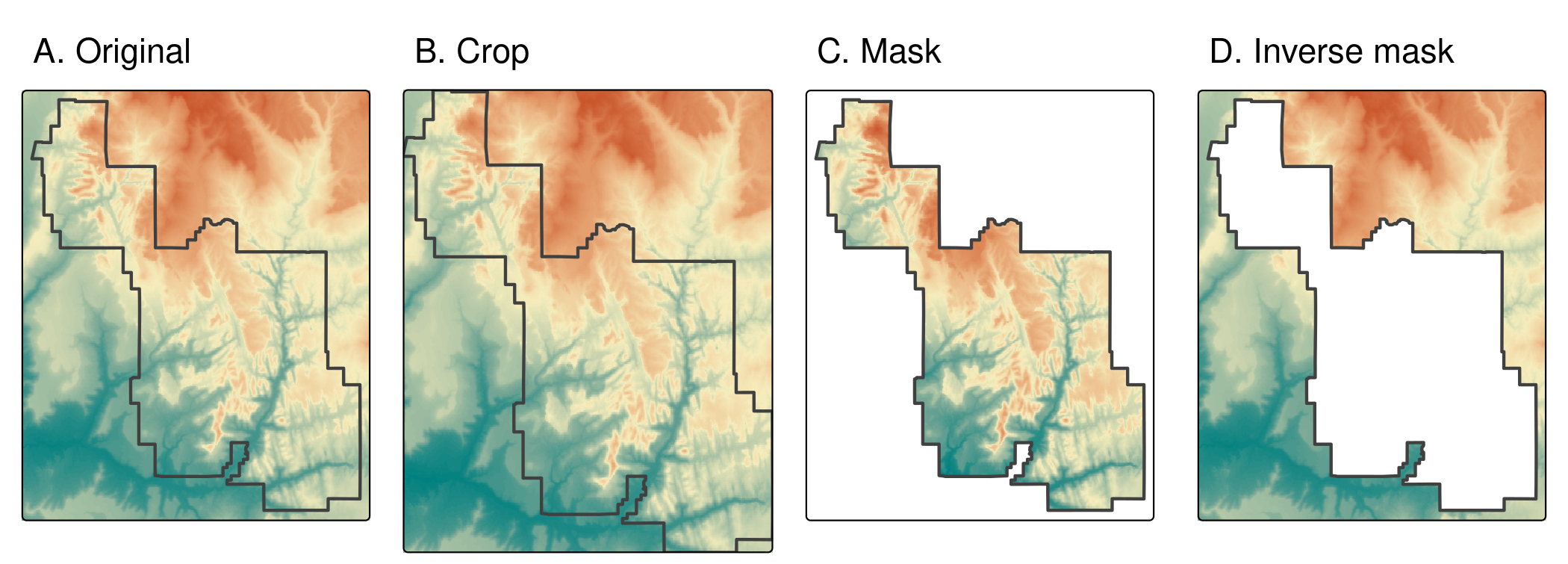 Illustration of raster cropping and raster masking.