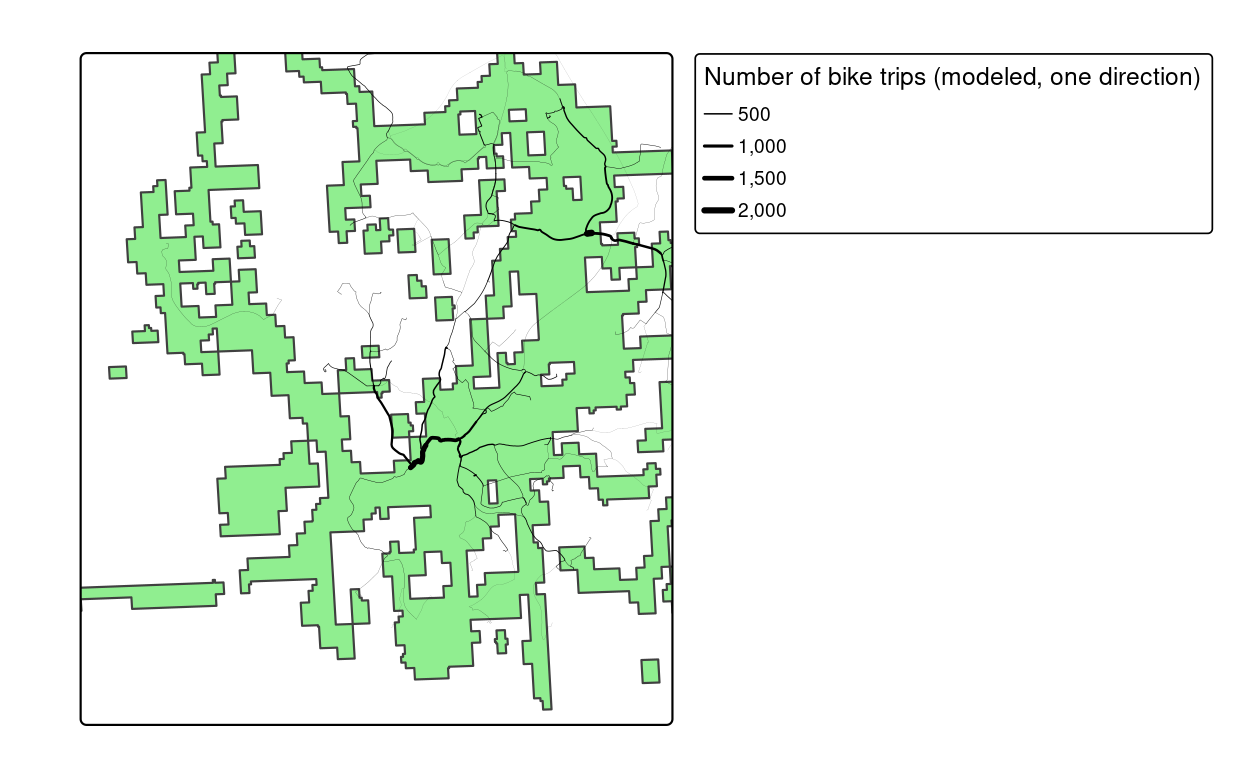 Potential routes along which to prioritise cycle infrastructure in Bristol to reduce car dependency. The static map provides an overview of the overlay between existing infrastructure and routes with high car-bike switching potential (left). The screenshot the interactive map generated from the `qtm()` function highlights Whiteladies Road as somewhere that would benefit from a new cycleway (right).