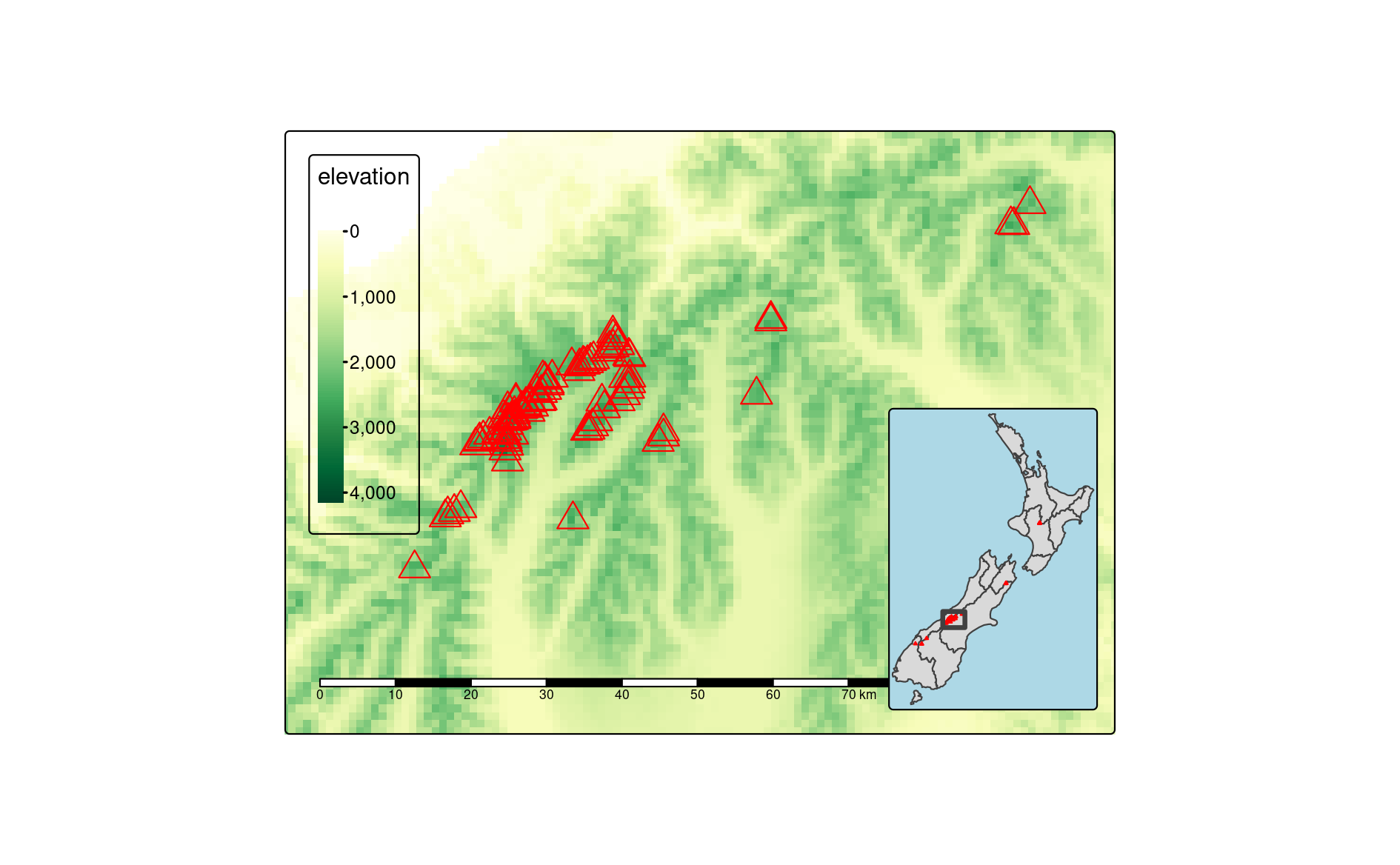 Inset map providing a context - location of the central part of the Southern Alps in New Zealand.