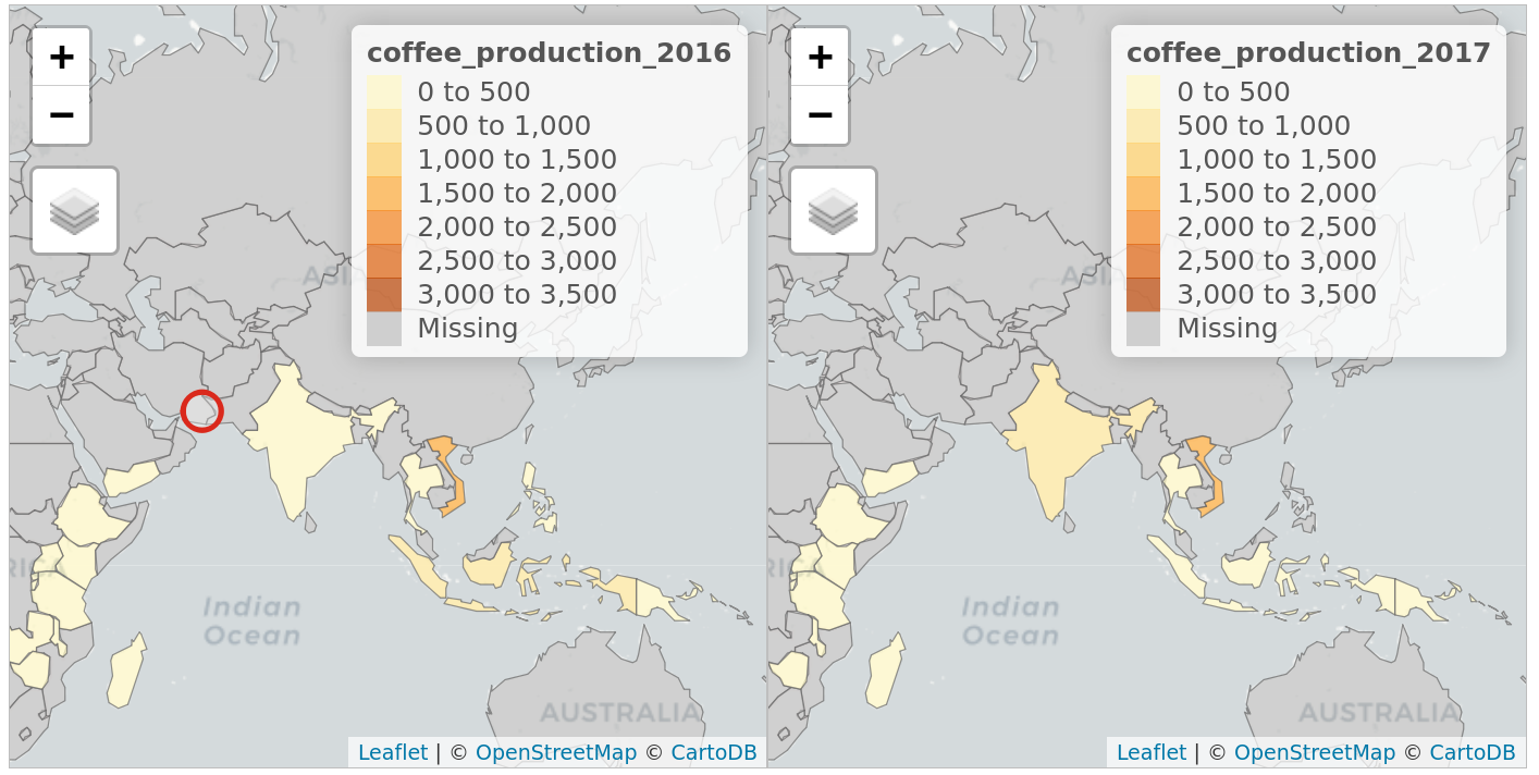 Faceted interactive maps of global coffee production in 2016 and 2017 in sync, demonstrating tmap's view mode in action.