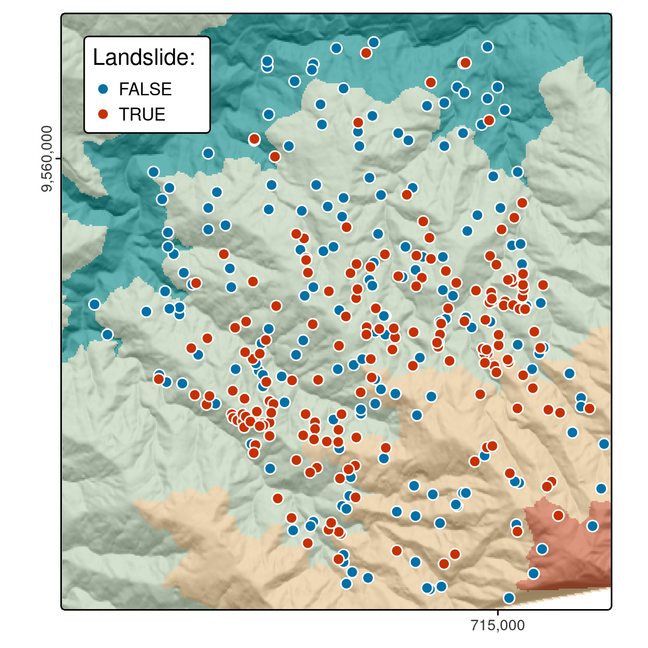 Landslide initiation points (red) and points unaffected by landsliding (blue) in Southern Ecuador.