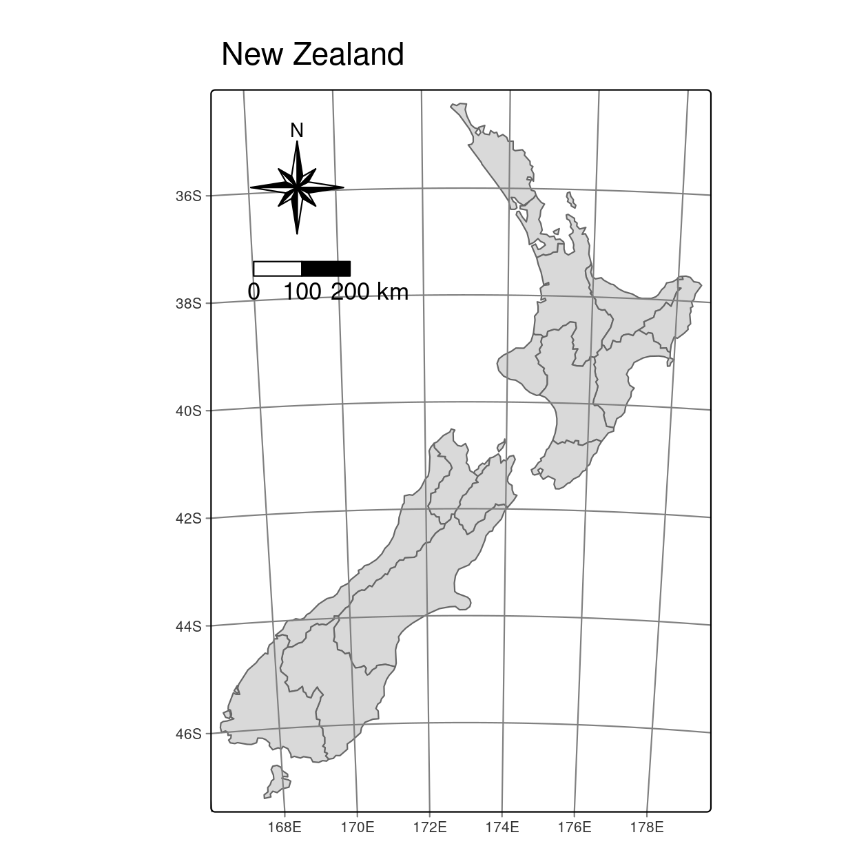Map with additional elements - a north arrow and scale bar.
