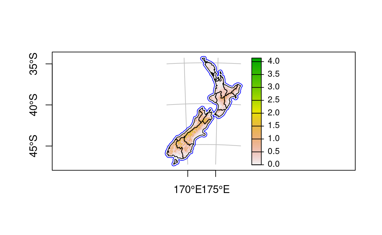 Map of New Zealand created with plot(). The legend to the right refers to elevation (1000 m above sea level).