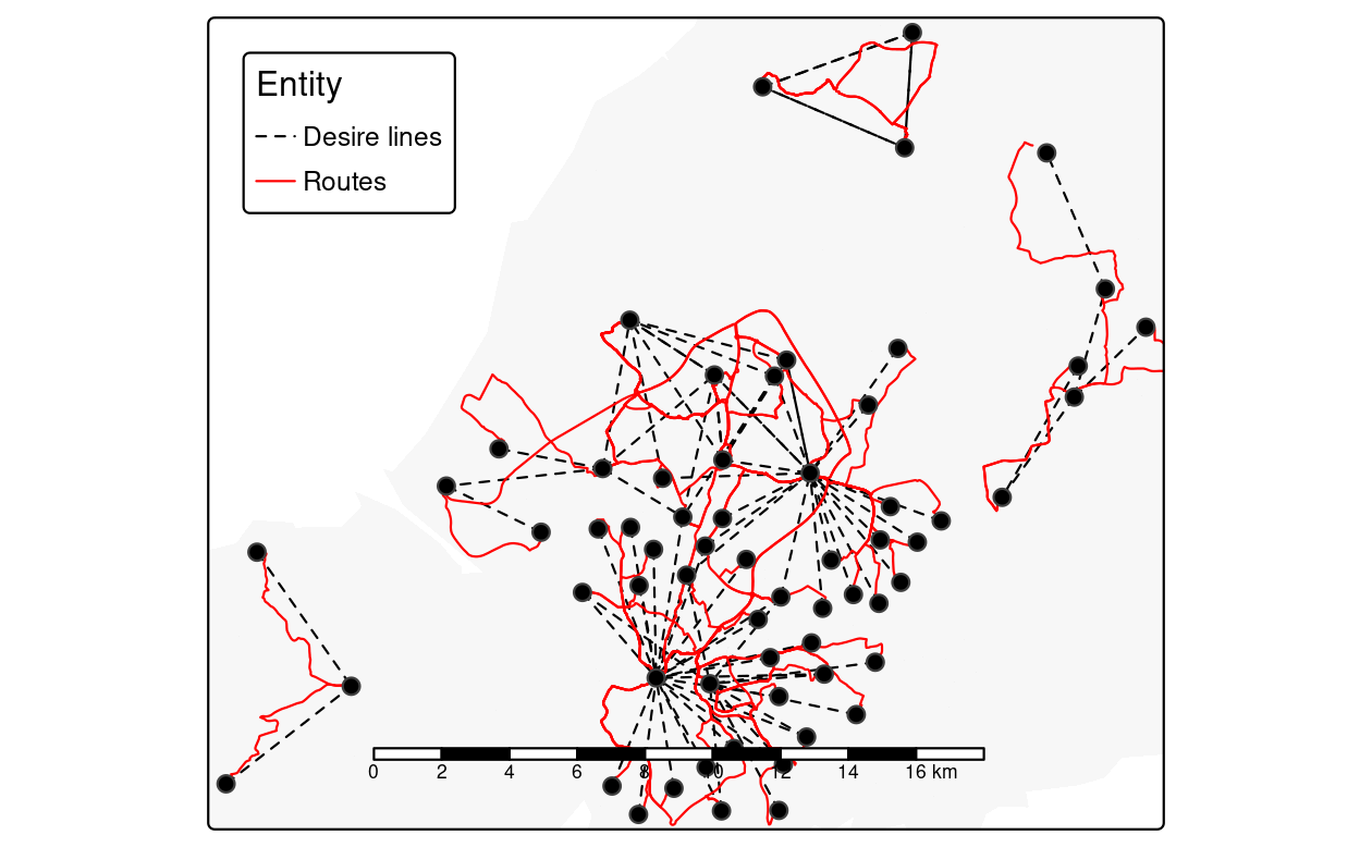 Routes along which many (100+) short (<5km Euclidean distance) car journeys are made (red) overlaying desire lines representing the same trips (black) and zone centroids (dots).