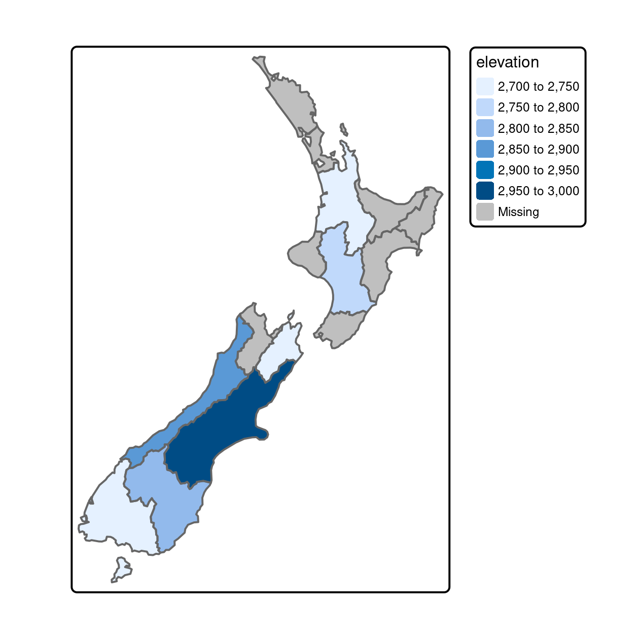 Average height of the top 101 high points across the regions of New Zealand.