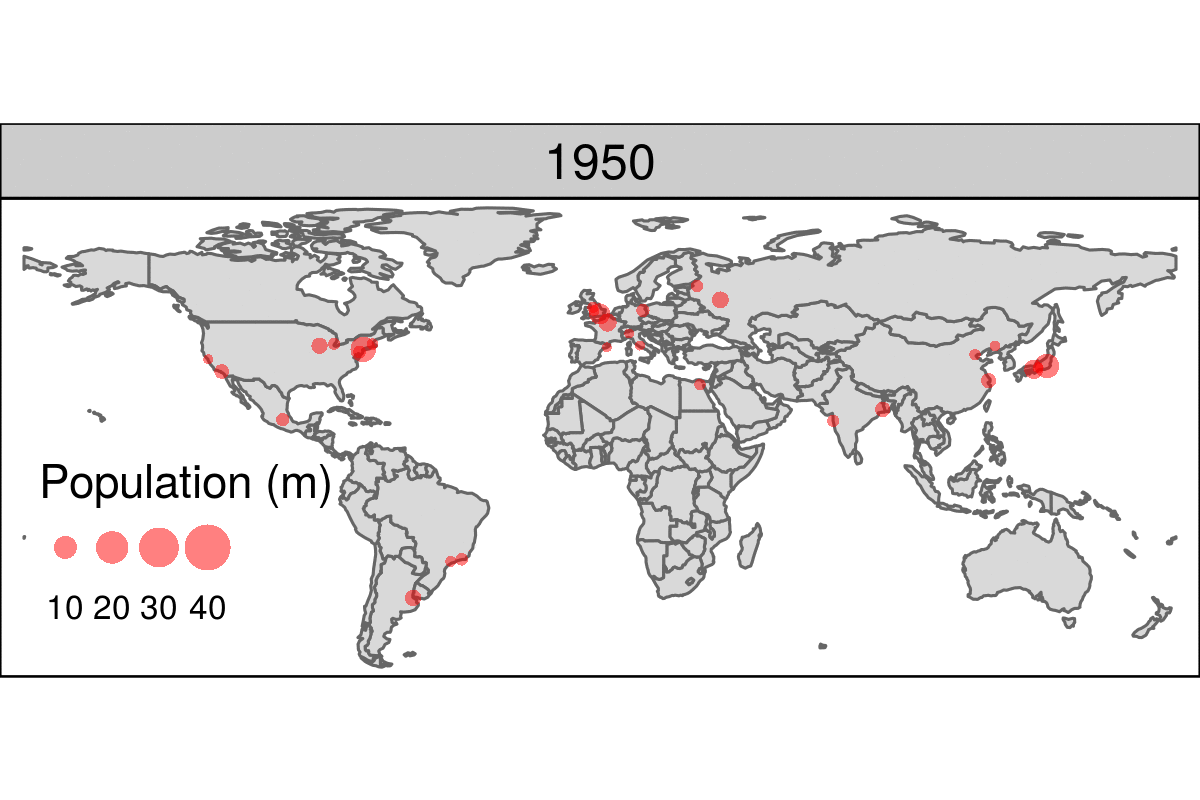 Animated map showing the top 30 largest urban agglomerations from 1950 to 2030 based on population projects by the United Nations. Animated version available online at: r.geocompx.org.