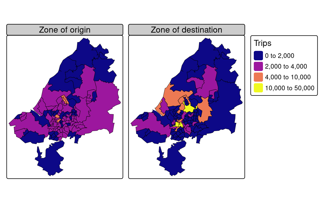 Number of trips (commuters) living and working in the region. The left map shows zone of origin of commute trips; the right map shows zone of destination (generated by the script 13-zones.R).