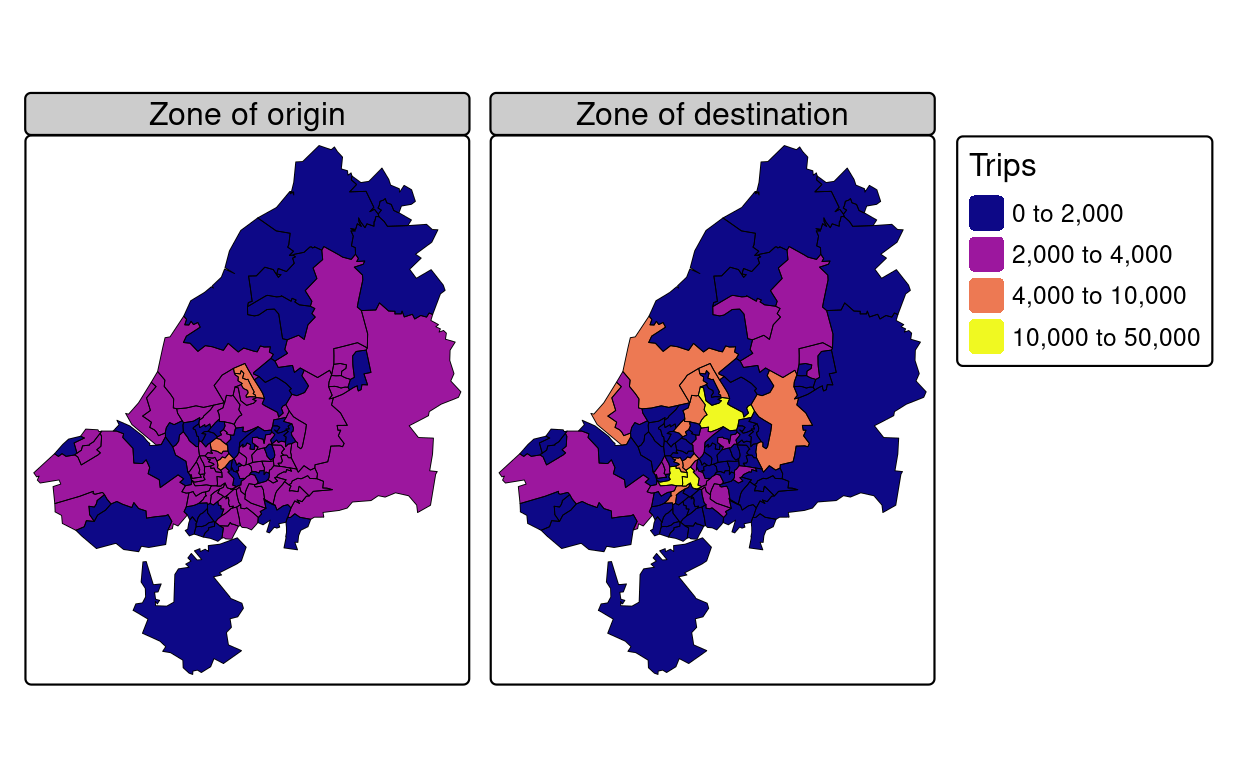 Number of trips (commuters) living and working in the region. The left map shows zone of origin of commute trips; the right map shows zone of destination (generated by the script `13-zones.R`).