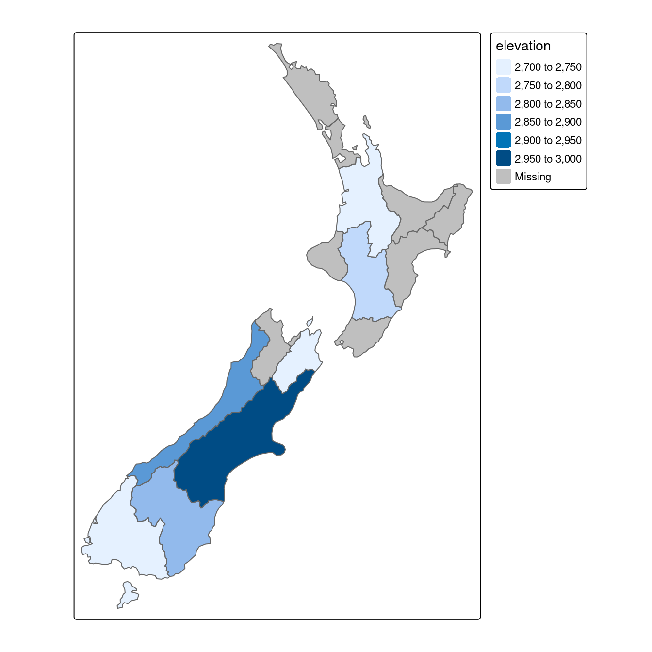 Hauteur moyenne des 101 points culminants par régions de la Nouvelle-Zélande.
