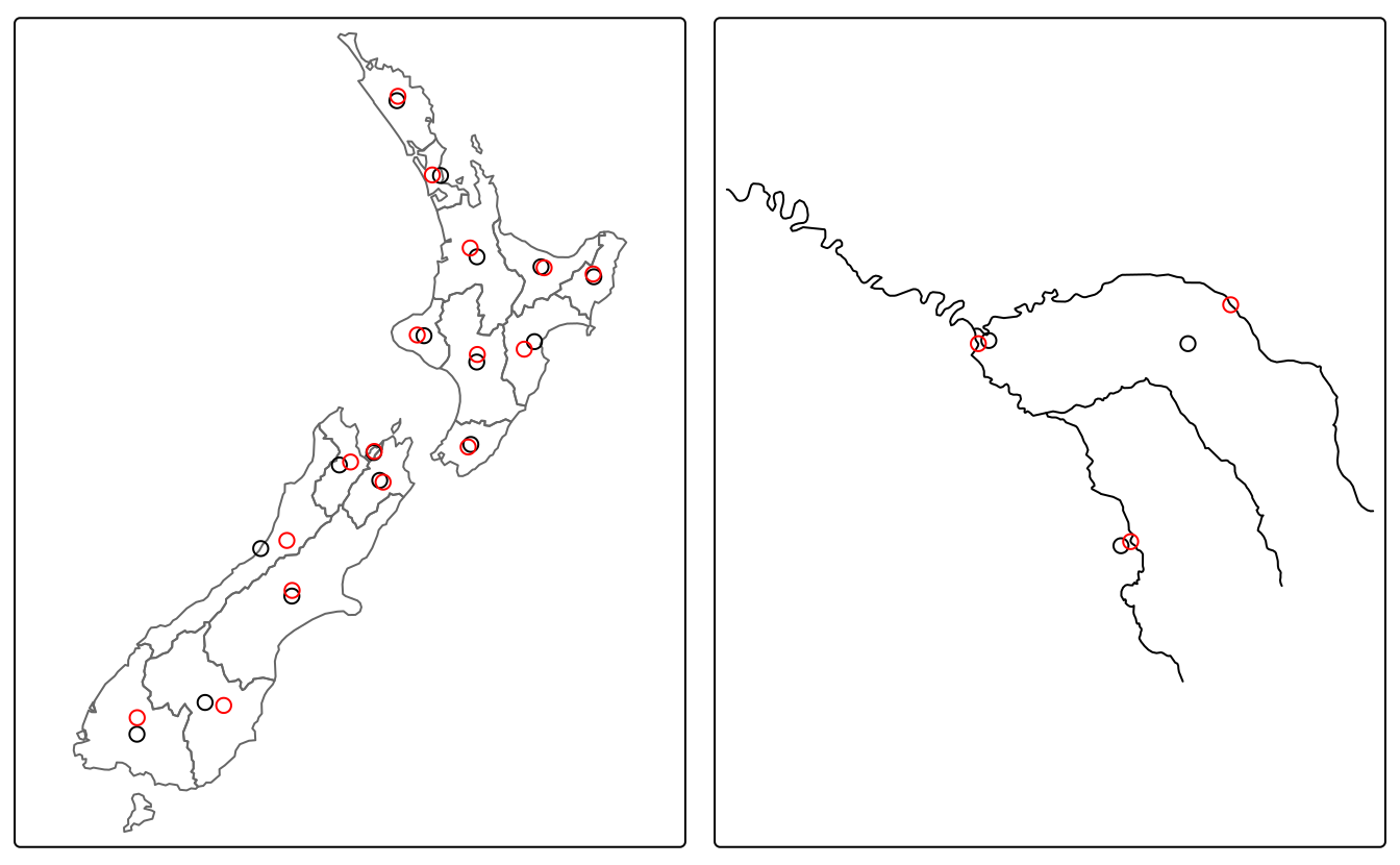 Centroïdes (points noirs) et points sur la surface (points rouges) des ensembles de données des régions de Nouvelle-Zélande (à gauche) et de la Seine (à droite).