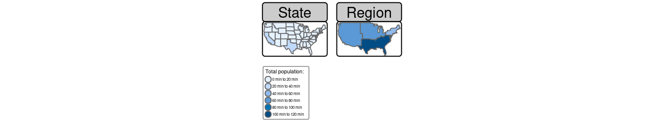 Agrégation spatiale sur des polygones contigus, illustrée par l'agrégation de la population des États américains en régions, la population étant représentée par une couleur. Notez que l'opération dissout automatiquement les frontières entre les états.