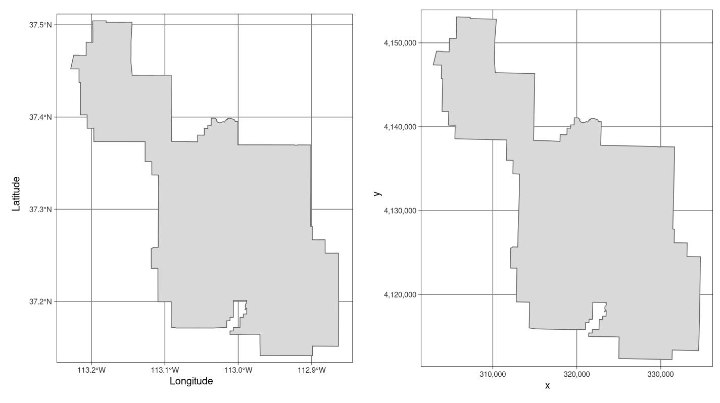 Exemples de systèmes de coordonnées géographiques (WGS 84 ; à gauche) et projetées (NAD83 / UTM zone 12N ; à droite) pour un type de données vectorielles.