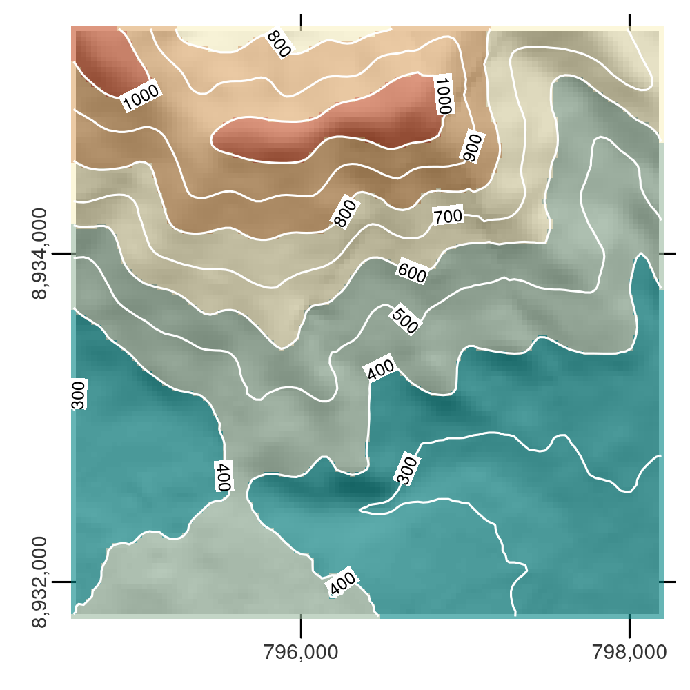 DEM with hillshading, showing the southern flank of Mt. Mongón overlaid with contour lines.