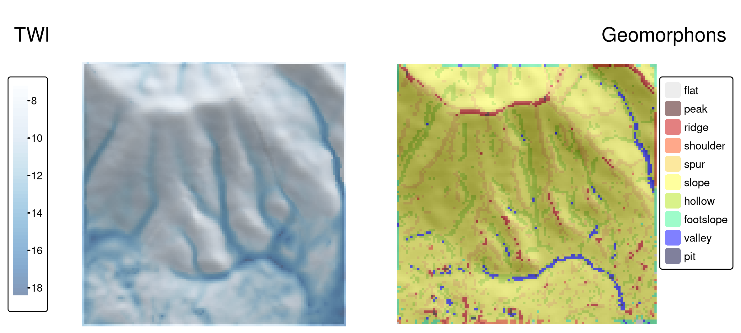 Topographic wetness index (TWI, left panel) and geomorphons (right panel) derived for the Mongón study area.