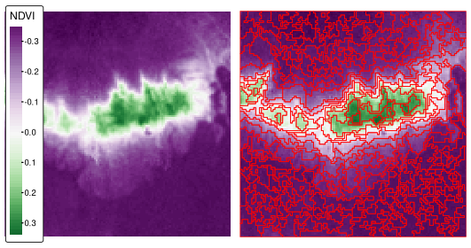 Normalized difference vegetation index (NDVI, left panel) and NDVI-based segments derived using the seeded region growing algorithm for the Mongón study area.