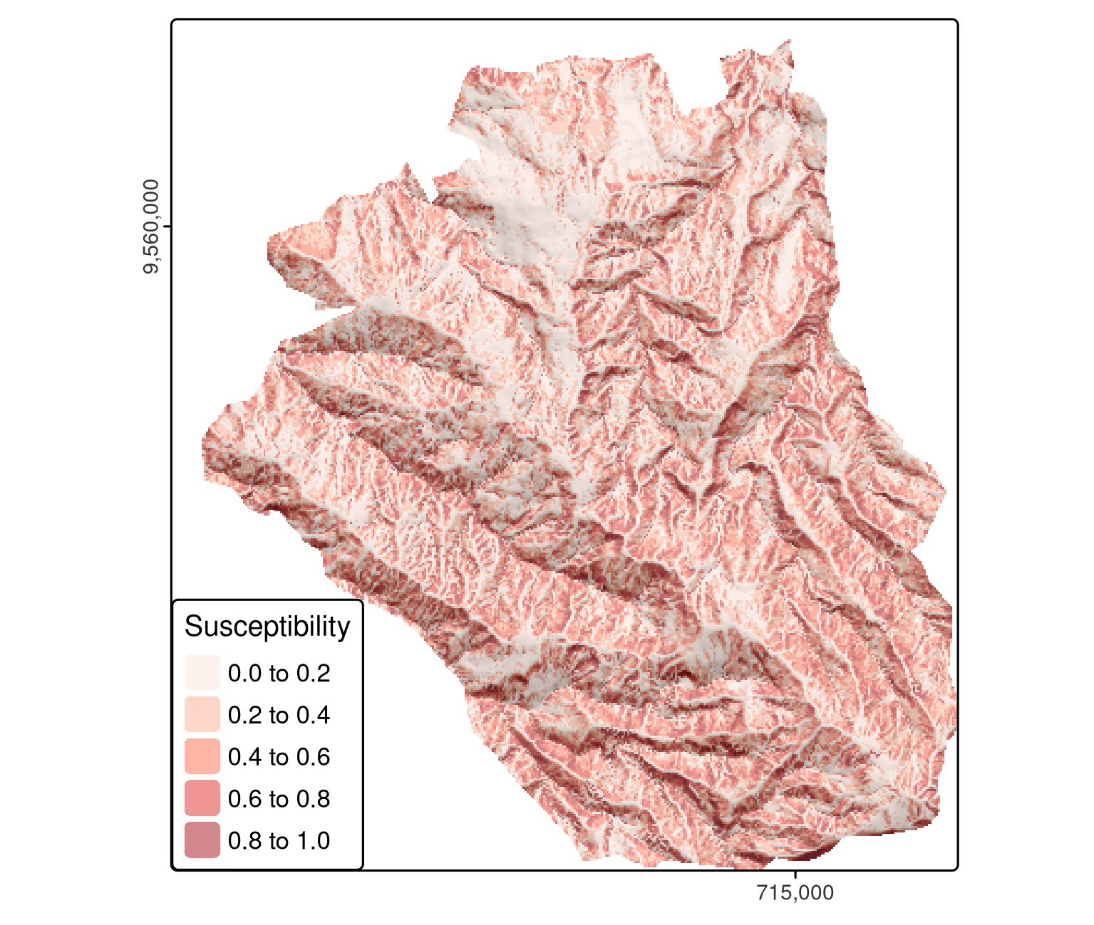 Spatial distribution mapping of landslide susceptibility using a GLM.