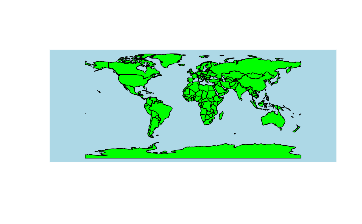 世界地図の土地を緑色で示した再現可能な例題 (左) と解 (右) の地図。