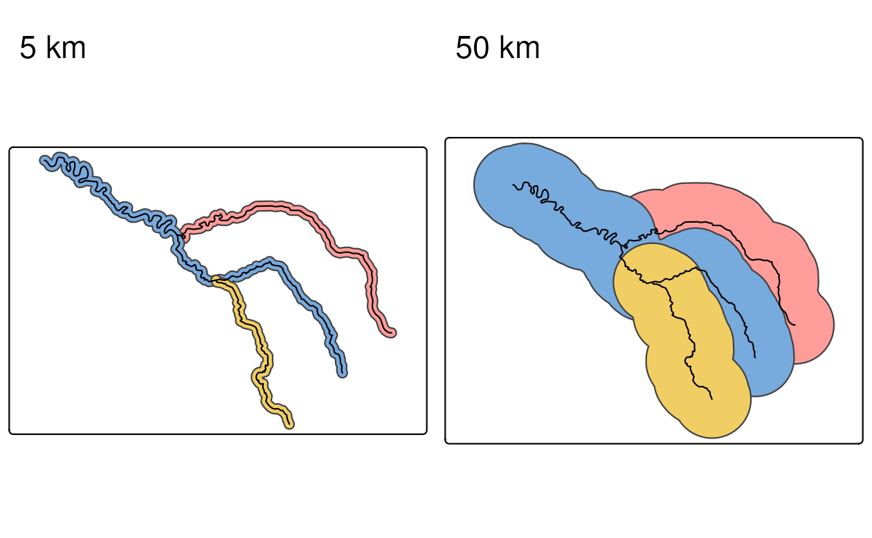 Seine データセット周辺の 5 km (左) と 50 km (右) のバッファ。ジオメトリフィーチャごとに 1 つのバッファが作成されることを反映した色に注目。