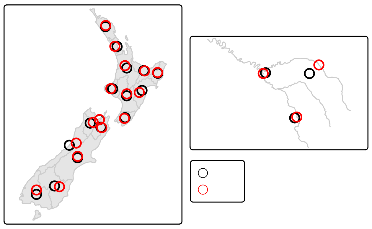 New Zealand の地域 (左) とセーヌ川 (右) のデータセットの重心 (黒い点) と「サーフェス上の点」(赤い点)。