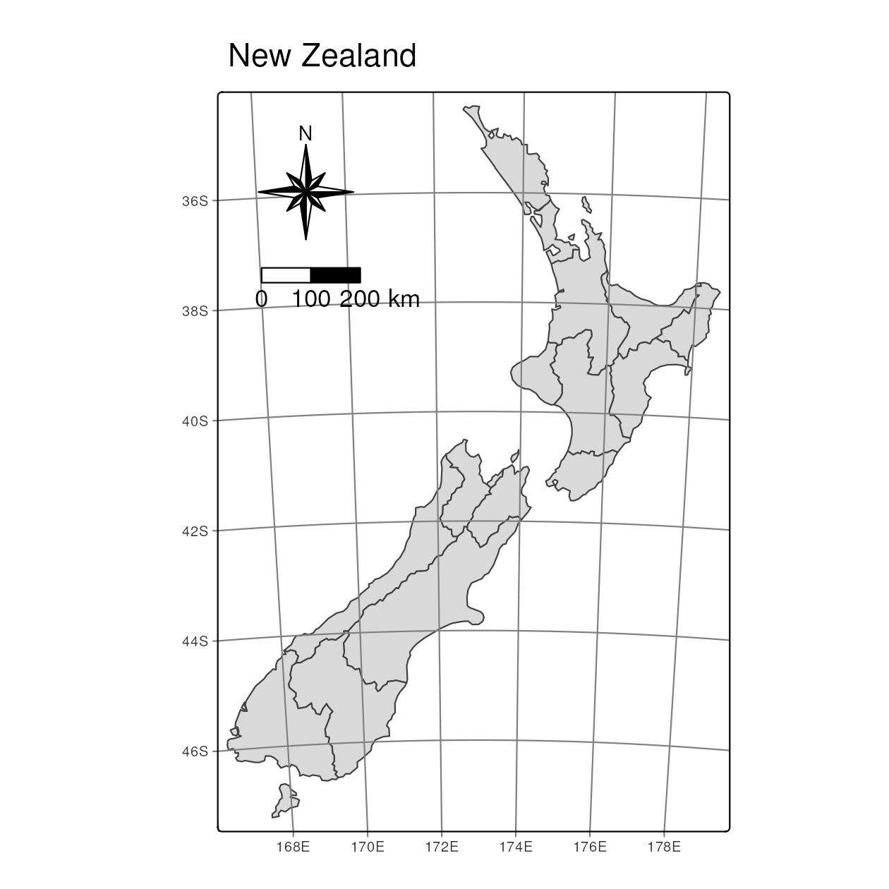 方位記号とスケールバーを追加した地図。