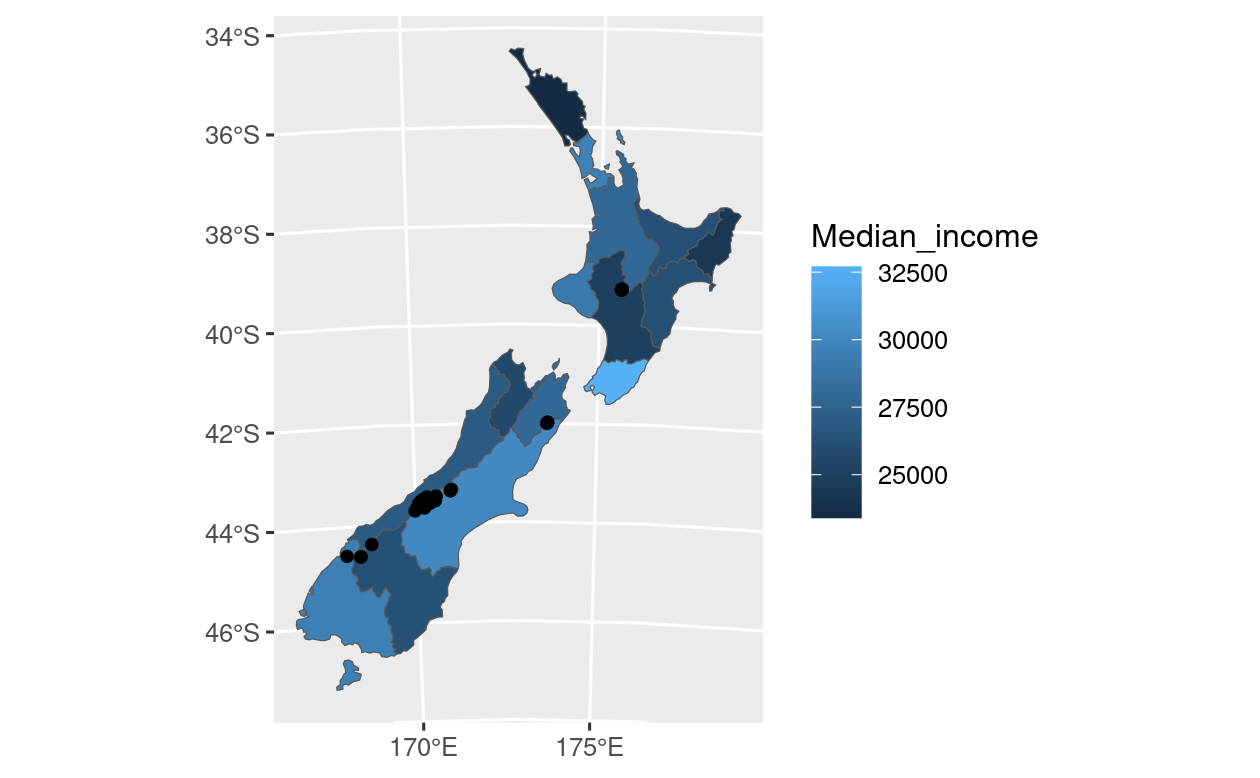 ggplot2 のみ (左) と ggplot2 と ggspatial (右) で生成したNew Zealand 地図の比較。