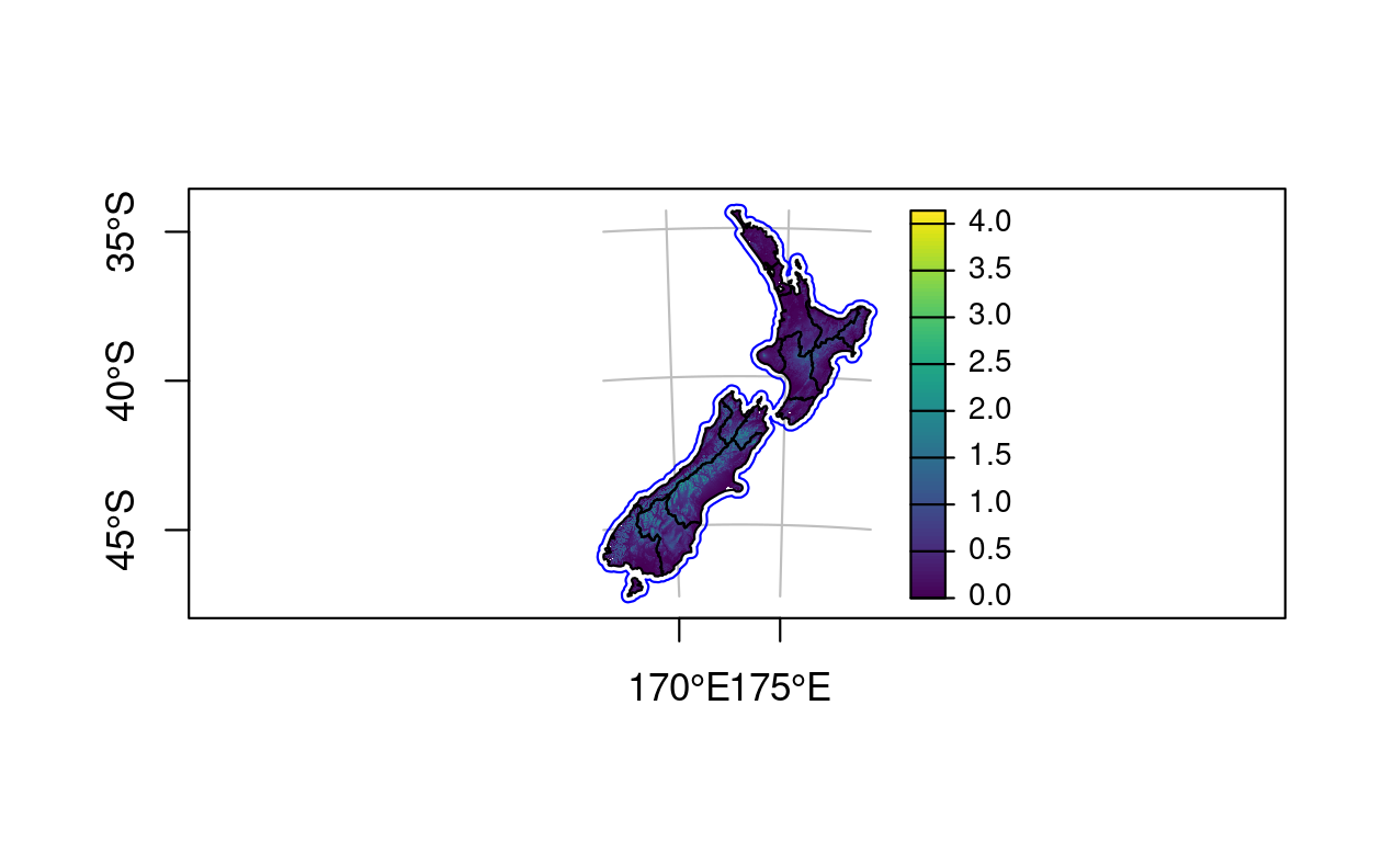 plot() で作成したNew Zealand の地図。右の凡例は標高 (海抜 1000 m) を示している。