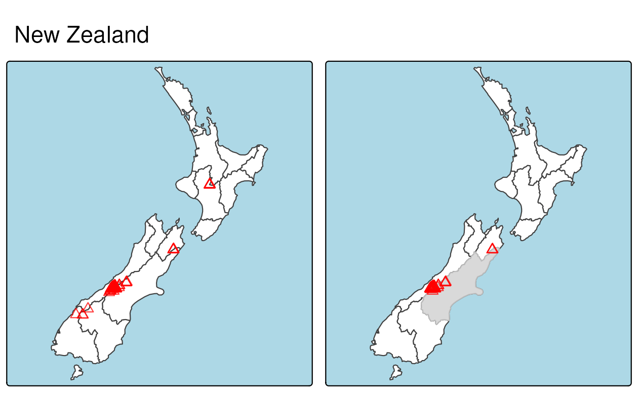 赤い三角形はNew Zealand の 101 の High Point を表し、中央のカンタベリー地域付近に集まっている (左)。カンタベリーのポイントは、`[` 部分集合演算子で作成された (グレーでハイライト、右)。