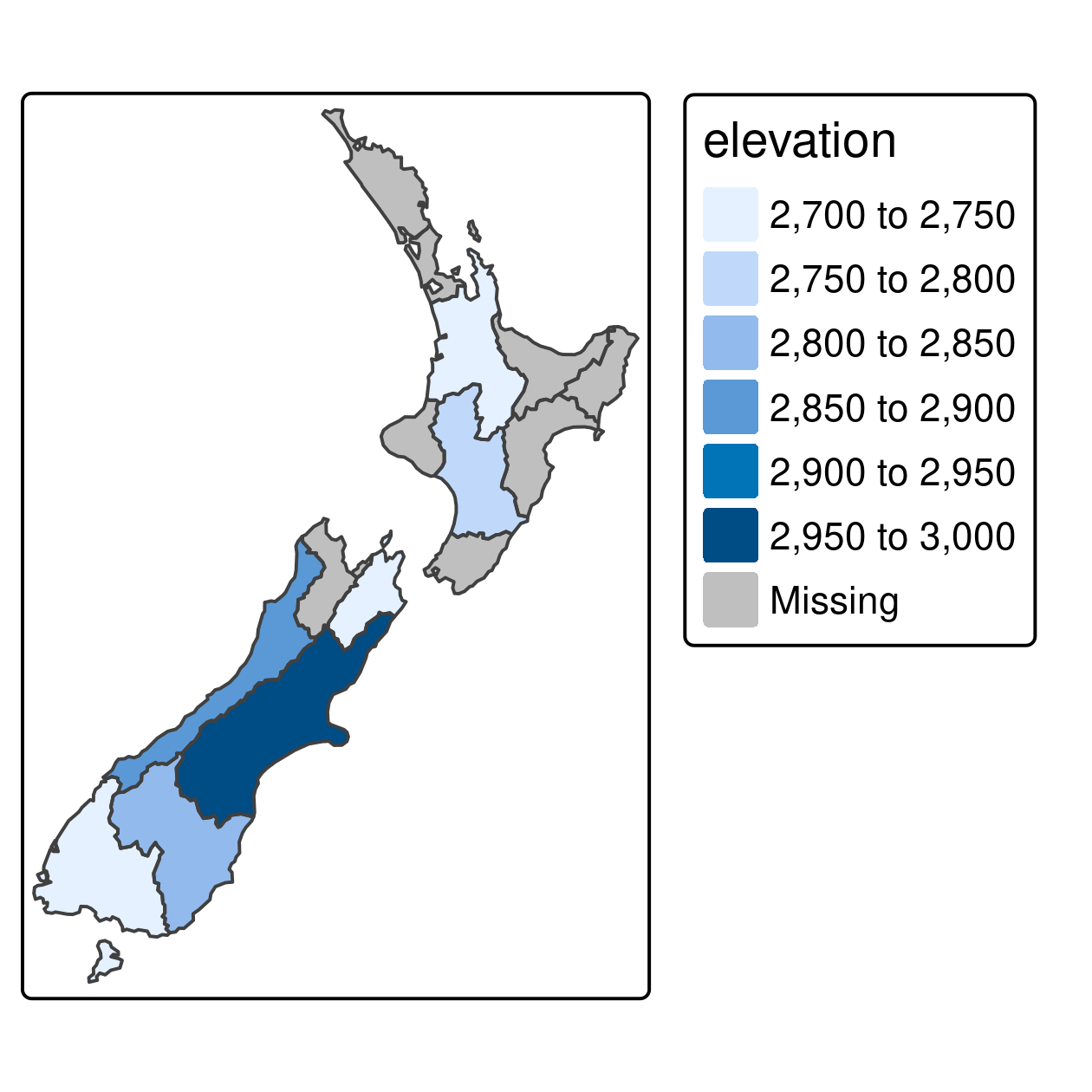 New Zealand の各地域の上位 101 の高さの平均値。