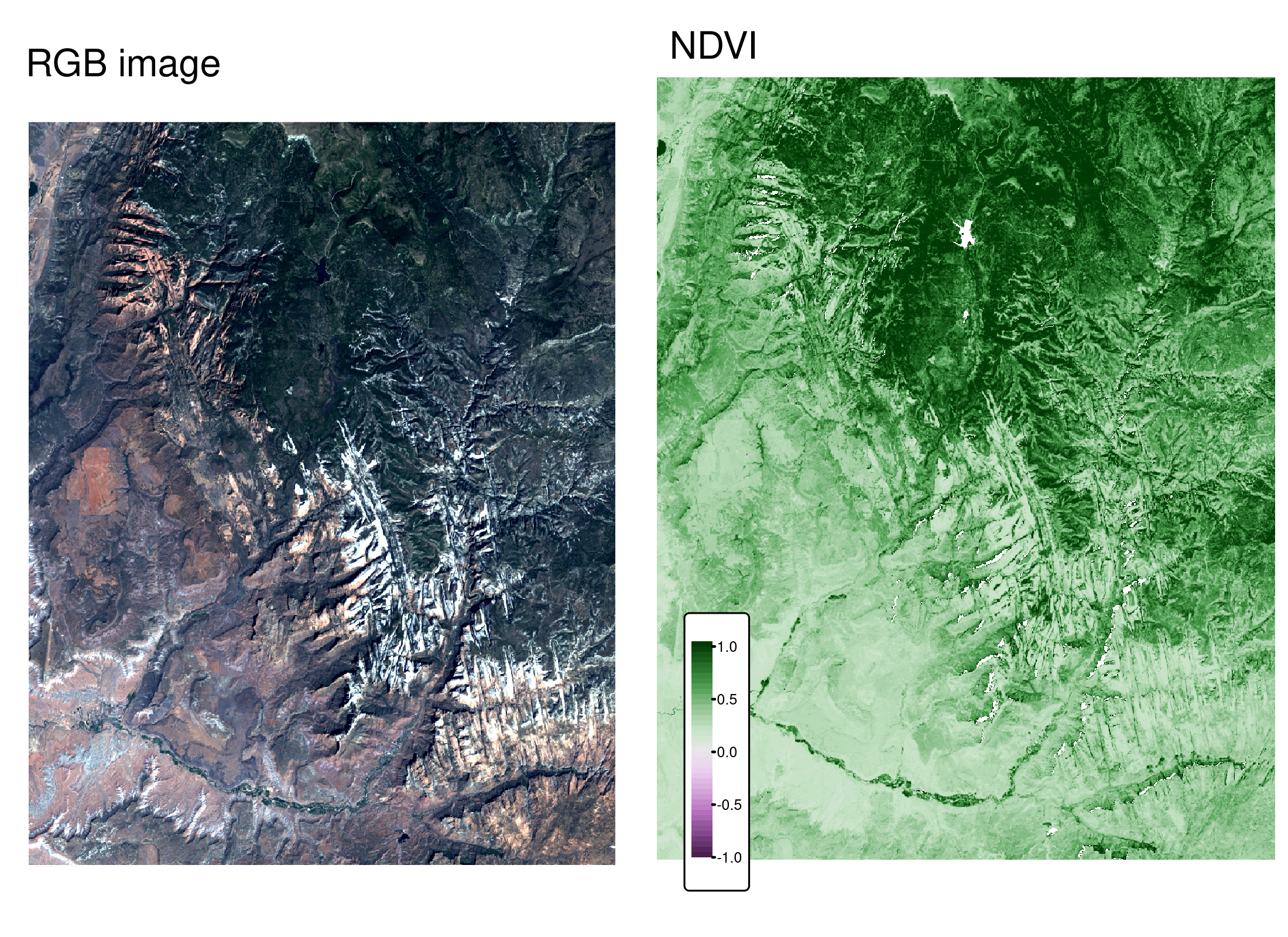 Zion 国立公園の衛星ファイルの例で計算された RGB 画像 (左) と NDVI 値 (右) 